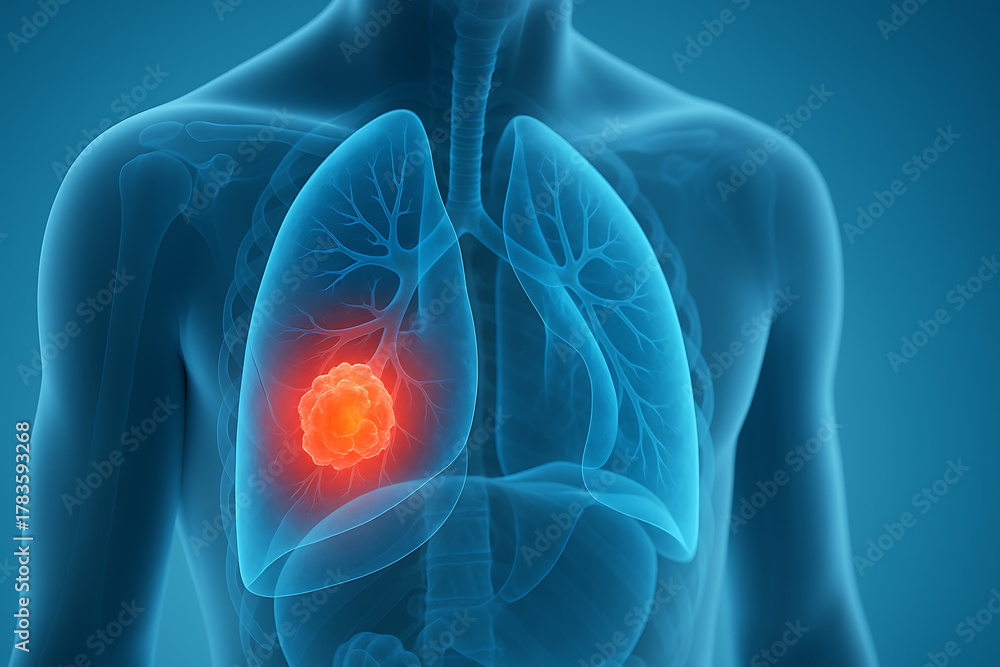 Human chest anatomy showing detailed lungs with highlighted cancer ...