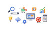 © Decy - Set of 3D digital marketing and social media optimization icons, including SEO search bar, shopping cart with 'NEW' tag, like button, growth chart, lightbulb, cloud download, gear, computer screen