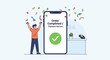 © meeblues - Flat vector happy buyer celebrating “Order Confirmed” screen with receipt and checkmark badge. Clean solid-color illustration, ideal for email marketing, order success pages, and tracking messages