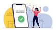 © meeblues - Flat vector happy buyer celebrating “Order Confirmed” screen with receipt and checkmark badge. Clean solid-color illustration, ideal for email marketing, order success pages, and tracking messages