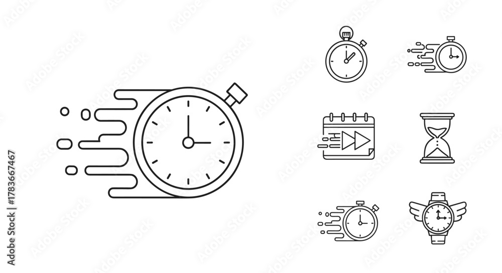 Set of fast time icons in line art style, including a large stopwatch ...