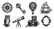 © David - Vintage-style sketches of a compass, antique key, hot air balloon, sailing ship, owl, telescope, camera, and ornate frame in black ink.