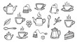 © David - Hand-drawn black outline vector icons of various tea-related items including teapots, cups, tea bags, and a slice of cake.