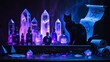 © Amin - Black cat with magical glowing crystals and potion bottles in mysterious purple and blue light for witchcraft and esoteric studies