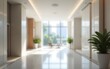 © han - Cool Blurred hotel or office building lobby blur background interior view toward reception hall modern luxury white room space with blurry corridor and building glass wall window : Generative AI