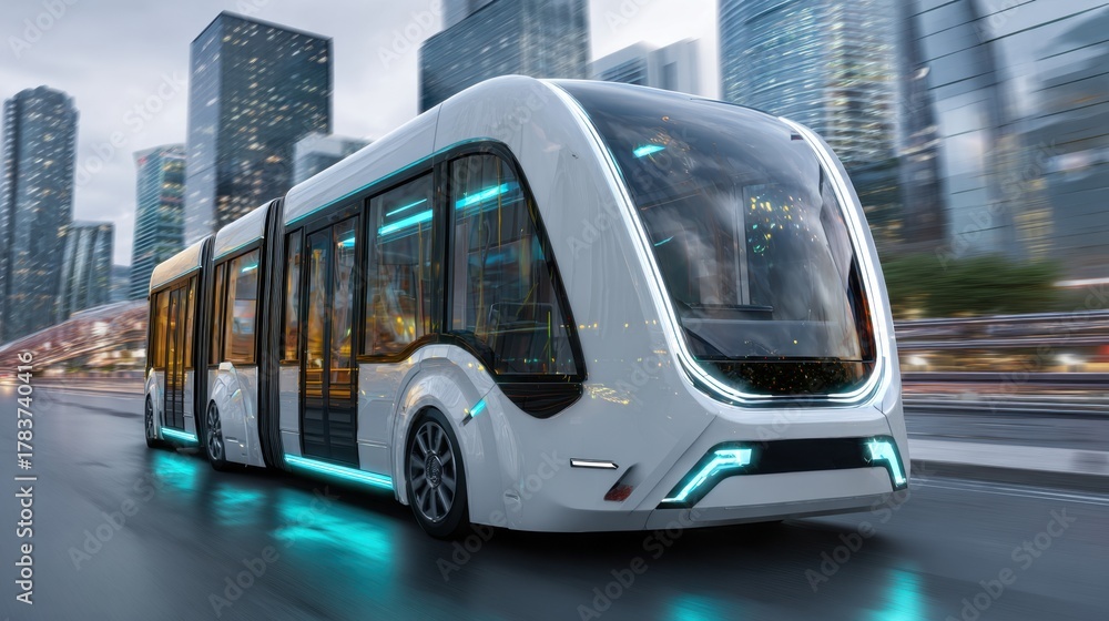 Futuristic Autonomous Electric Shuttle Bus Moving Through City Streets ...