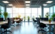 © fu - Blurred office interior background. Empty light open space office with big windows, many glasses walls, desks, chairs and green plants. Modern indoor business environment. High quality