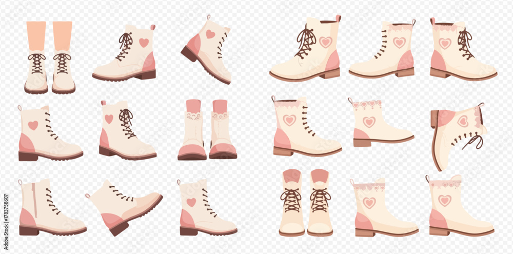 Stock-Vektorgrafik „Collection of cute cream and pink lace-up boots ...