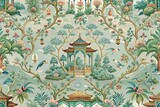 Whimsical chinoiserie wallpaper featuring decorative pagodas surrounded by flowering trees birds and intricate patterns creates charming ornate vintage backdrop for interior decor