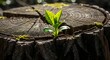 © Sahriar - A vibrant green seedling sprouting from the cracked, rough surface of a cut wooden tree stump in a forest. Concept of resilience, new life, regeneration, and environmental perseverance.