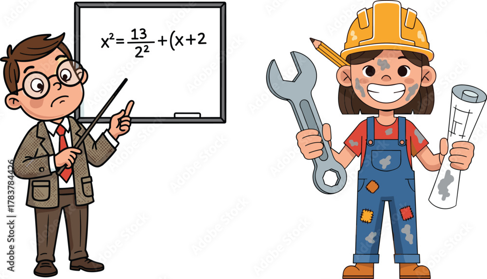 Engineering Math Cartoon Cartoon teacher explaining math formula, female engineer holding ...