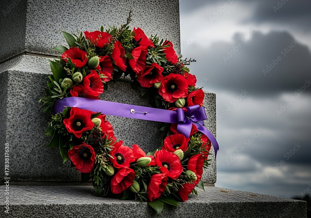 Remembrance day poppy wreath with purple ribbon tied to stone monument ...