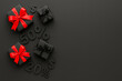 © Ольга Клецкова - Black Friday sale concept with black gift boxes, red ribbons, discount percent signs and dollar symbols on black background, copy space
