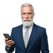 © shahida  - Distinguished mature gentleman in a sharp suit holding a modern smartphone with a white beard isolated on transparent background