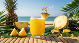 fresh pineapple juice with a beautiful beach background
