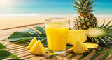 fresh pineapple juice with a beautiful beach background