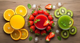background of fresh juice on wooden table