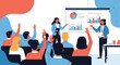 © Rohomot - Business training session with presenters showing charts on a screen to an engaged audience, who are raising their hands to ask questions.