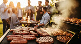 a group of people are having a party with grilled meat on the grill