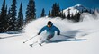 © Mr. Stocker - Professional male skier carving through fresh powder snow. Extreme winter sports action. High speed downhill skiing on a sunny day. Active lifestyle and adventure travel concept