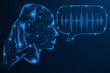 © Ilya - The voice of artificial intelligence. A hand holding a handset with the profile of a person, from whose mouth comes a speech bubble with a sound wave. Polygonal design, blue background.
