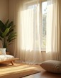 © miss irine - Sunlight streams through sheer curtains in a cozy living room. A large potted plant adds greenery near a simple wooden daybed. Soft light illuminates the floor and a plush cushion rests nearby.