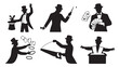 © M Bilal - Set of magician silhouette icons performing magic tricks with cards hat and saw vector illustration isolated on white background