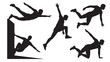 © M Bilal - Set of parkour athlete silhouettes performing various acrobatic jumps and movements vector illustration isolated on white