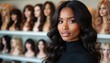© miss irine - Attractive African American woman poses in a beauty salon. She wears a wavy black wig. Numerous wigs are visible on the display behind her. The photo reflects modern fashion and beauty trends.