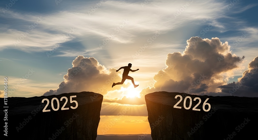 Photo Stock New Year 2026 Transition – Man Jumping from 2025 to 2026 at ...