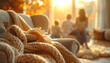 © HumblePride - Cozy Comfort: Capturing the essence of a serene family moment, a knitted blanket adorns a plush armchair, bathed in the warmth of the sun.