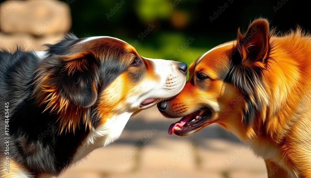 Two dogs interacting, one displaying submissive body language towards ...