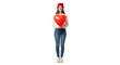 © Use full Image - Young Woman Holding Red Heart Balloon and Wearing Red Beret.