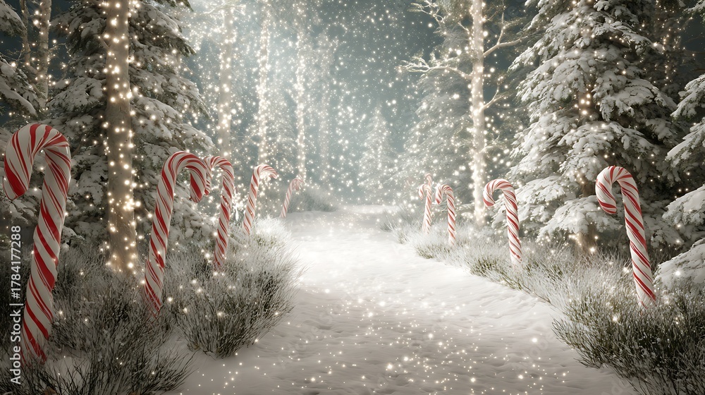 A snowy path lined with candy canes and trees decorated with christmas ...