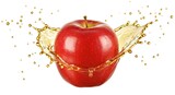 A vibrant red apple surrounded by a splash of juice against a clean white background showcasing freshness