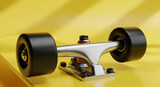 Sleek 3D rendered skateboard truck and black wheels on a bright yellow deck