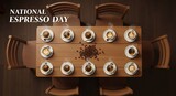 Illustration of national espresso day celebration with coffee cups and beans, creating a festive atmosphere