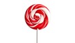 © garbu - A close-up shot of a red and white spiral lollipop on a white stick against a plain background. The candy appears smooth and glossy