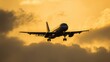 © hai - An airplane with extended landing gear flies against a vibrant orange sky filled with fluffy white clouds.