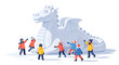 © Aries - A delightful flat design illustration featuring a whimsical snow dragon sculpture, surrounded by happy children playing at the Harbin festival.