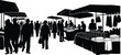 © MstNur - Black and white vector illustration of busy street market scene with people walking, shopping at stalls, selling fruits, vegetables, and clothes, urban lifestyle concept