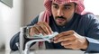 © Febri - A man wearing traditional Middle Eastern attire carefully inspecting a faucet with a cloth in a modern kitchen setting