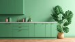 © liliyabatyrova - This modern kitchen showcases a vibrant green design with matching cabinets and a beautiful wood floor. Lush plants add a touch of nature, creating an inviting atmosphere perfect for cooking