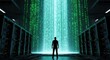 © Maxpoint Imran - Lone figure stands silhouetted against a massive glowing digital data stream in a futuristic server room