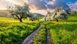 © Diki prayoga - Idyllic spring landscape with blossoming trees and a winding path.