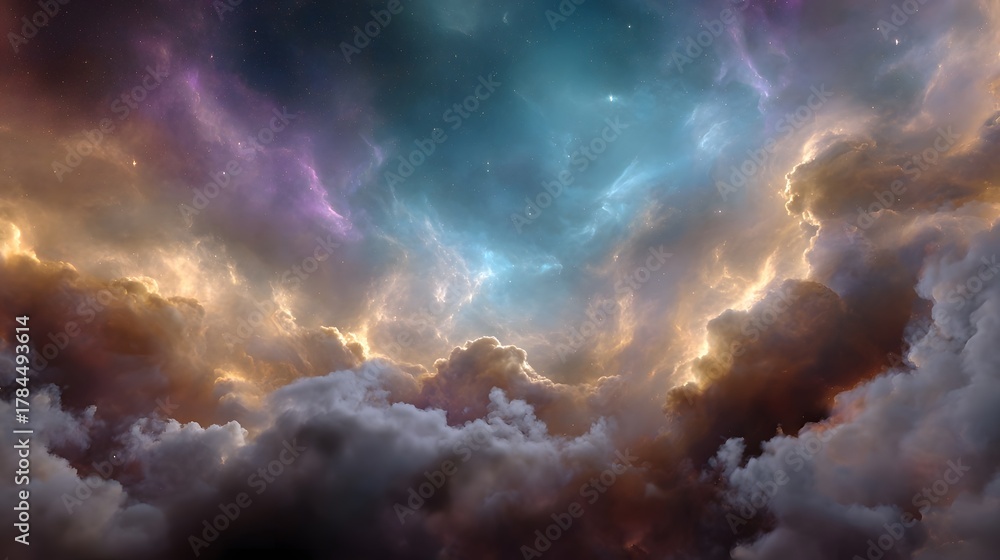 Majestic cosmic nebula clouds with swirling vibrant colors and distant ...