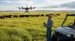 © YADigital - Farmer Operating Drone for Precision Cattle Monitoring and Livestock Management in Expansive Rural Pasture