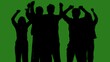 © kinomaster - Black silhouettes of a group of people cheerfully celebrate their victory against a green chroma key background. Minimalist contrast and modern visual composition, mockup.