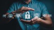 © j  U  N  U - Businessman holding virtual padlock icon for data protection and network security to protect personal information access cyber security concept