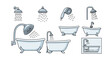 © Jazzen - Collection of cartoon line icons representing showers and bathtubs, perfect for graphic and web design, apps, adverts, and various cards. This vector illustration features outline signs for bathroom